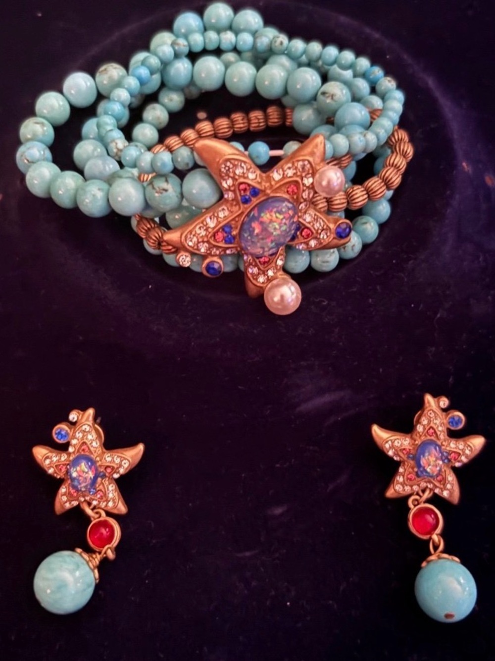 Estate Turquoise Bead Starfish Necklace and Earring Set with Gold Accents